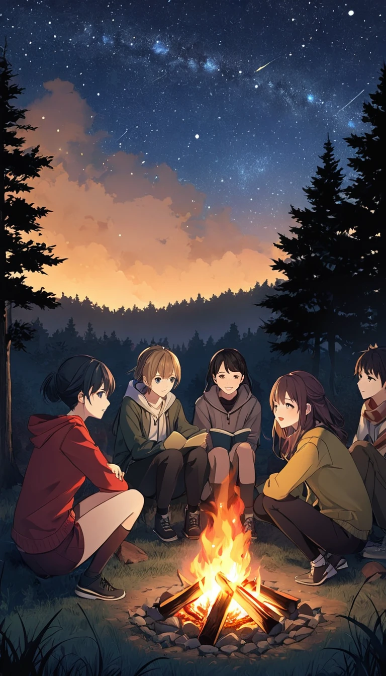 Campfire Friends: Create a cozy anime scene of a group of friends gathered around a campfire under a starry sky, sharing stories, with the fire casting a warm glow on their faces. --chaos 100 --ar 3:2 --stylize 1000 --v 5.1