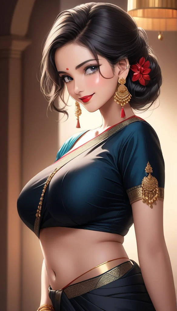 A beautiful mature woman bending down in front in a designeless plain silk black saree, exposing her ,intricate jhumka earrings, detailed alluring eyes, smooth lips, smiling, red lipstick, exposed navel, bangles, blue ribbon, saggy breasts, photorealistic, 8k, high quality, masterpiece, cinematic lighting, vibrant colors, intricate details, messy hair