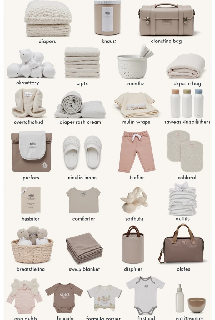 For Baby:
8 x Diapers (Nappies)
1 x Pack of Wipes
1 x Diaper Rash Cream
1 x Changing Pad
1 x Plastic/Ziplock Bags (for soiled items)
2 x Muslin Wraps
2 x Comforters/Toys (Small toys, teethers, or soothers)
2 x Pacifiers (Dummies)
2 x Bibs
2-3 x Burp Cloths
1 x Blanket (Swaddle blanket)
2 x Extra Outfits (Onesies, singlets, long sleeve rompers, pants, socks, hat/beanie, cardigan)
1 x Sunhat/Winter Cap
1 x Breastfeeding Cover
2 x Bottles
1 x Formula Dispenser
1 x Insulated Bottle Holder
1 x Nursing Pads
1 x Nipple Cream
1 x Baby Carrier/Sling
1 x First-Aid Kit (Mini)
a summary small photo for all of these
