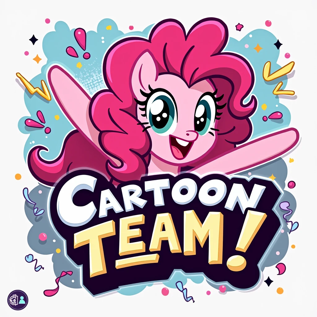 Make an image inspired by the Cartoon Network logo but with Cartoon Team text., with Pinkie Pie from Equestria Girls