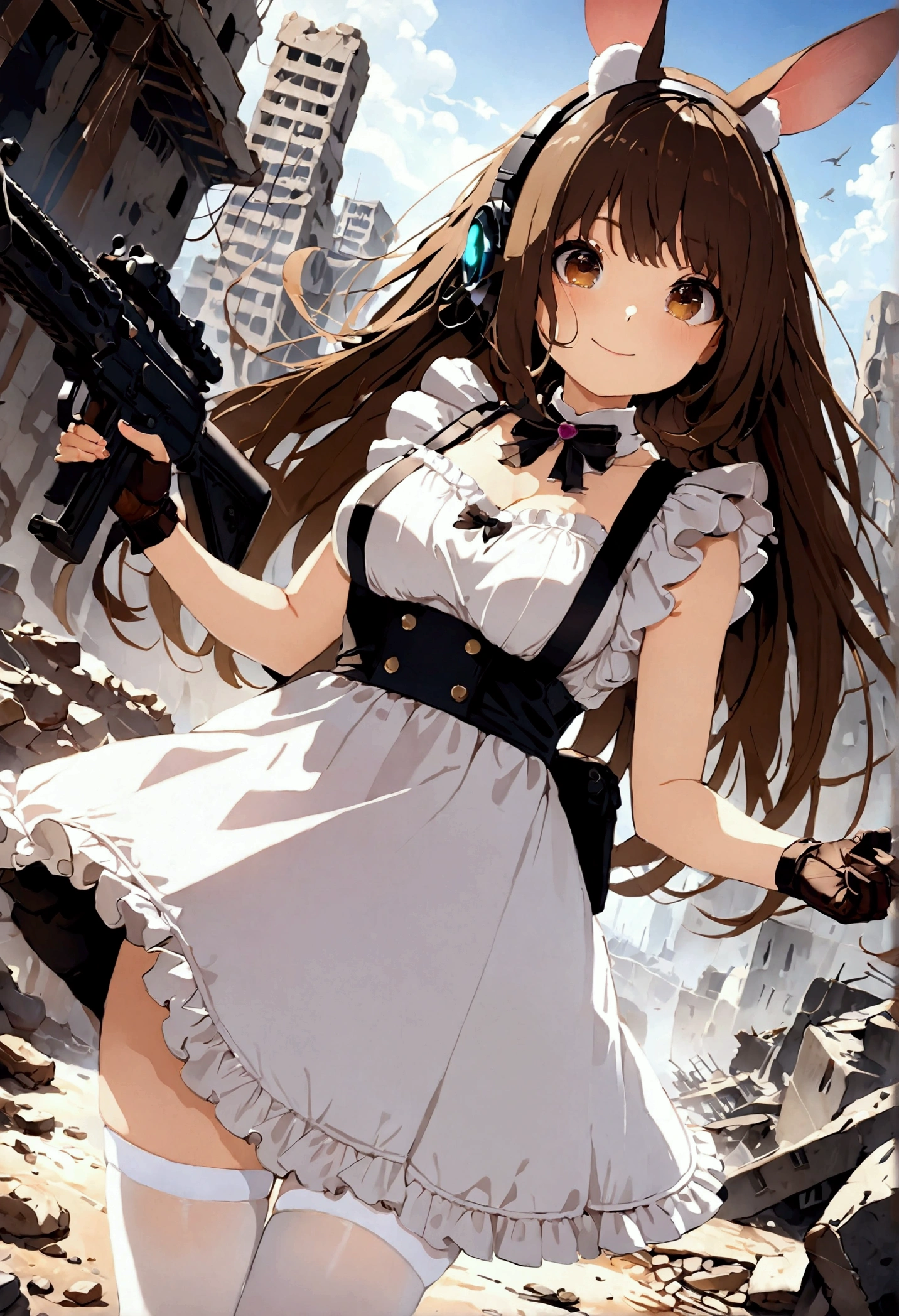 ((1girl)), super fine illustration, vibrant colors, absurdres extremely detailed CG, 8k wallpaper, (masterpiece:1.3), dynamic angle, dynamic pose, best quality, depth of field, cinematic lighting, ultra detailed, ((dark brown long hair)), very straight hair, large breast, white knit dress , 20yo, cute, very baby face, brown eyes, kawaii, tender smile, droopy eyes, combat, sci-fi rabbit ear mechanical headset, padded combat glove, pink maid uniform, white thighhighs pantyhose, aiming rifle, modern military heavy machine gun:1.4, ruin city, Post-apocalypse