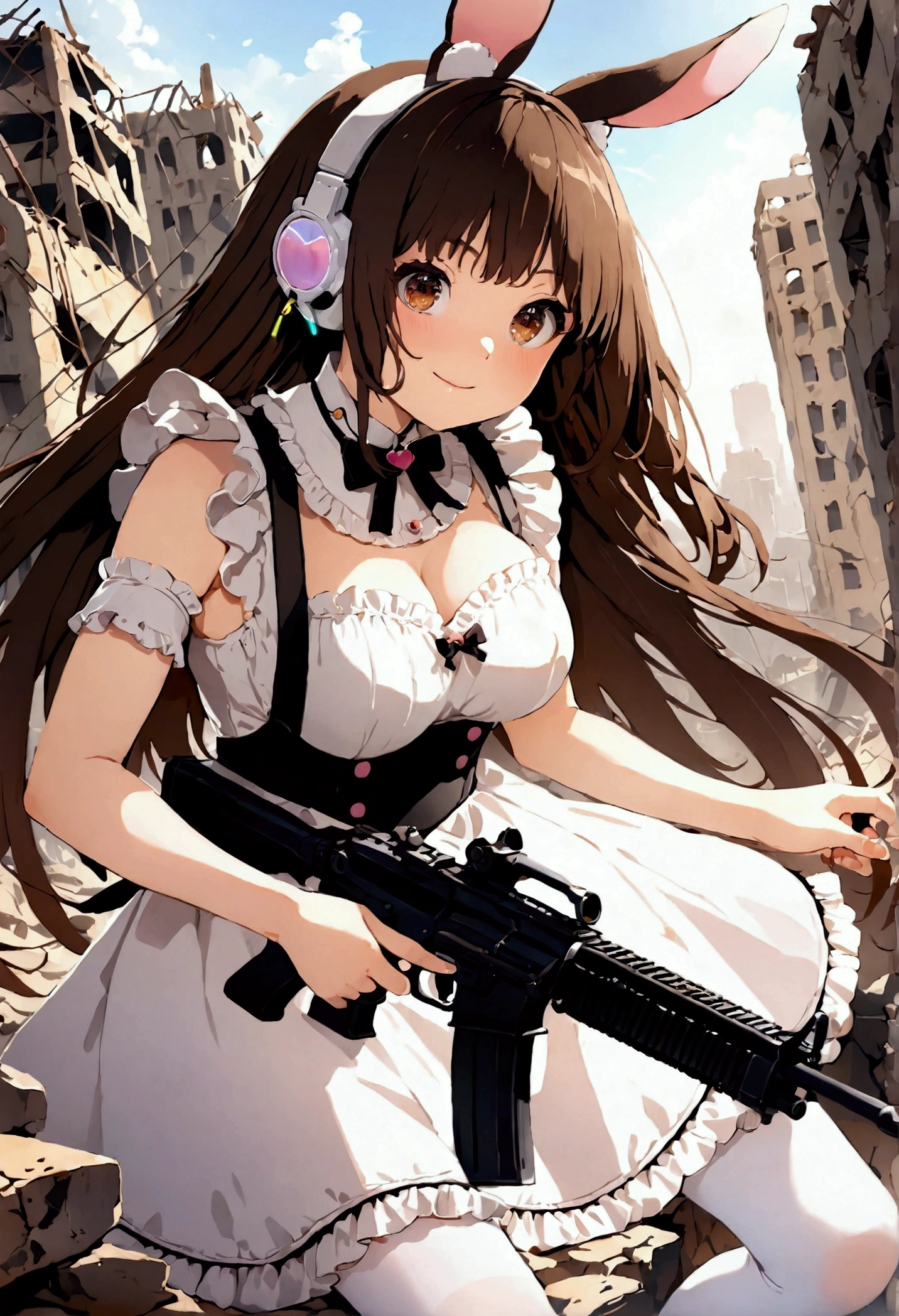 ((1girl)), super fine illustration, vibrant colors, absurdres extremely detailed CG, 8k wallpaper, (masterpiece:1.3), dynamic angle, dynamic pose, best quality, depth of field, cinematic lighting, ultra detailed, ((dark brown long hair)), very straight hair, large breast, white knit dress , 20yo, cute, very baby face, brown eyes, kawaii, tender smile, droopy eyes, combat, sci-fi rabbit ear mechanical headset, padded combat glove, pink maid uniform, white thighhighs pantyhose, aiming rifle, modern military heavy machine gun:1.4, ruin city, Post-apocalypse