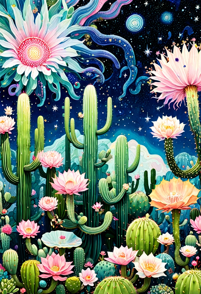 &References;Dick Ellescas Artist Style&References; Cactus forest，天上的星星有着长长的Tentacles，Bacteria，Spore powder，fungus，Marine Life，plant，flower，Tentacles，Eye、Starry Sky，Abstract mosaic painting，Describing the inner world of autistic people，Sense of space，White space，interesting，Innocence，Psychedelic Art，Pink Theme