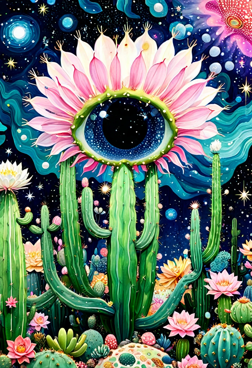 &References;Dick Ellescas Artist Style&References; Cactus forest，天上的星星有着长长的Tentacles，Bacteria，Spore powder，fungus，Marine Life，plant，flower，Tentacles，Eye、Starry Sky，Abstract mosaic painting，Describing the inner world of autistic people，Sense of space，White space，interesting，Innocence，Psychedelic Art，Pink Theme