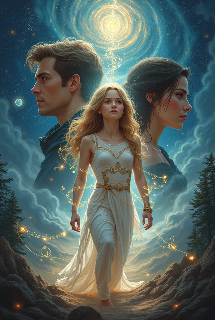 (pThe Melody of the Cosmos
Concept: The cover showcases a grand, swirling vortex of musical notes and cosmic energy, with the universe itself appearing to be shaped by the music. At the center of this vortex is Kara holding musical instrument, Ren with a protective stance, her uncle Aric with a mysterious aura .The background is a blend of deep space and vibrant music notes, creating a sense of infinite possibilities. Add trees and forest shadows also
Mood: Majestic, epic, and full of cosmic mystery,Dramatic, intense
Make an ebook covered based on this, make characters faces in front