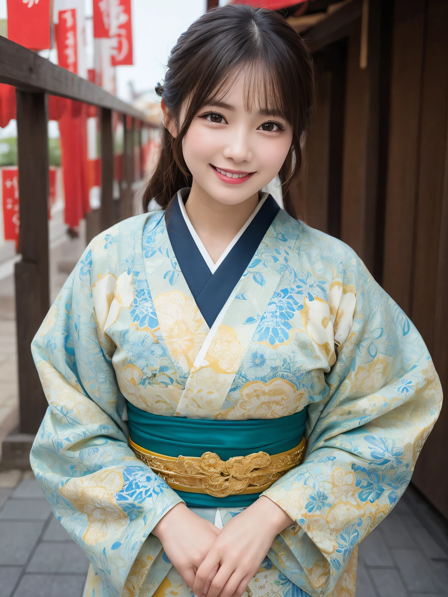  1girl, , cute and beautiful, solo, highres, best_quality, masterpiece, detailed_background, intricate_details, beautiful, osaka, tennoji, shitennoji_temple, historical, traditional_clothes, kimono, smile, looking_at_viewer, dynamic_pose, natural_pose, candid, happy