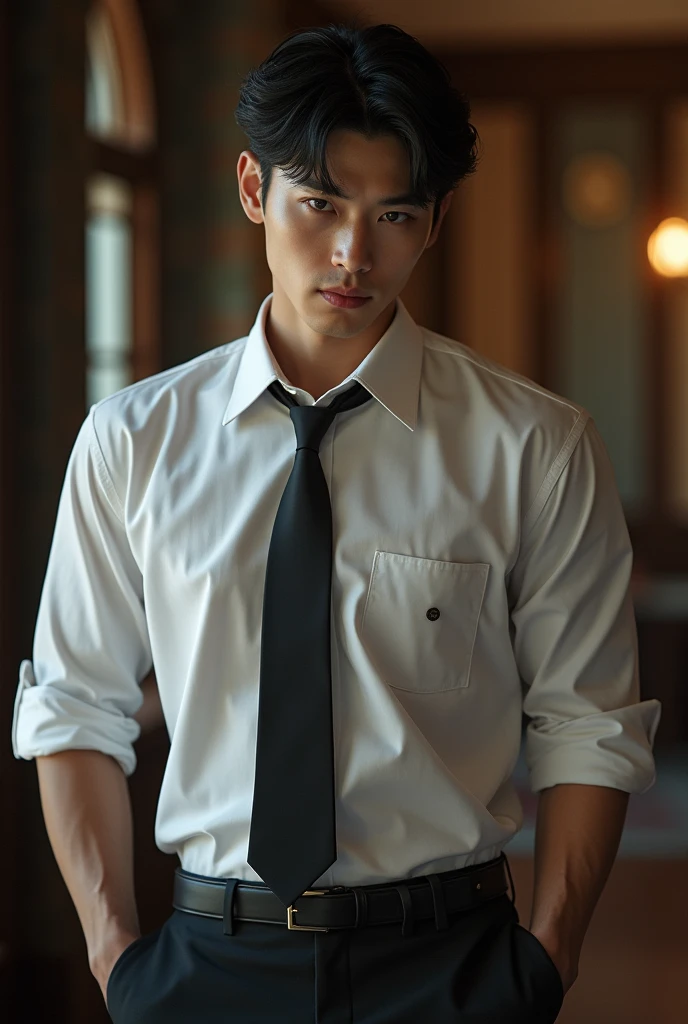 1 handsome Korean gentleman, 27 years old, Lawyer, formal shirt and tie, Lawyer, provocative and erotic pose, armpit sweat, Vietnam scene, Professional attire, Handsome and elegant, Wearing uniform, sexy abstinence, wearing blouse, Masculine and handsome, muscular, Nice looking muscles, fair skin, Black eyes (1:3 thin eyes), Full body shot, erotic face, firm chest, provocative, , sexy