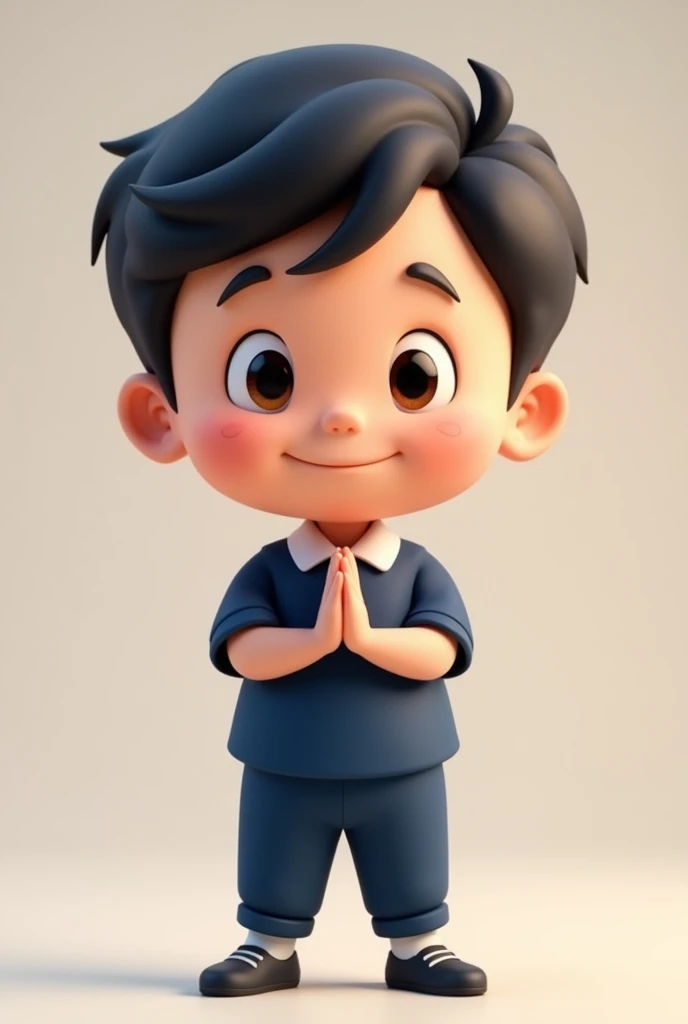Cartoon boy in a school uniform, dark blue short-sleeved shirt, blue pants, bowing, 3D, front view