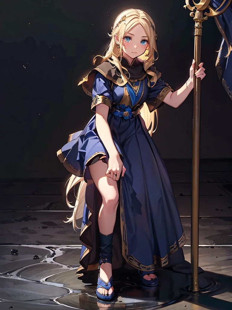 squat、Black background with spotlight, fantasy class,saint, Clear lines,flin color, One person,holy, Blonde,Medium Hair,floining hair, blue eyes, Blue Earrings, 白いholyドレス,long heavy dress, (saint holy hin:0.8), Cowboy Shot,Looking_in_Audience,