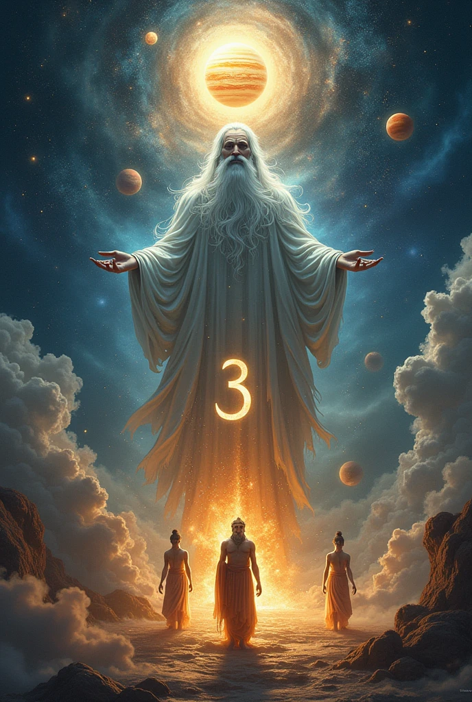 Create one image which should include “ planet Jupiter as guru with suryadeva , hanuman hindu god and with number 3