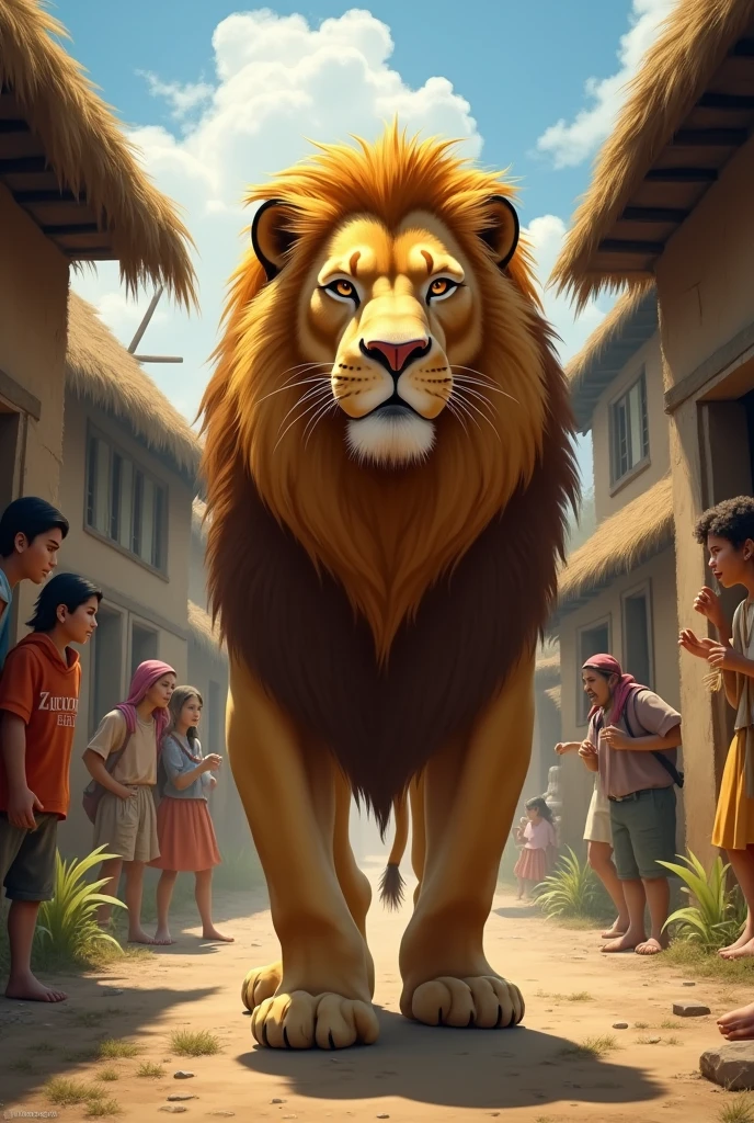 A lion entered the village and all the people were watching the lion secretly.