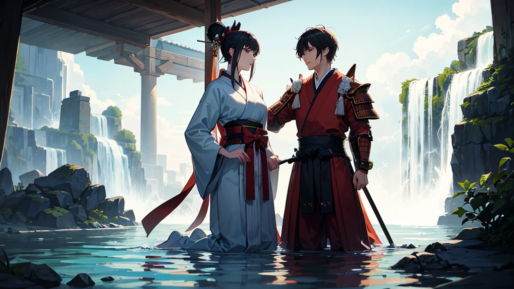 create a male samurai standing at the edge of water fall holding his katan and samurai armor kneeling for a female goddess who is falling in love with him