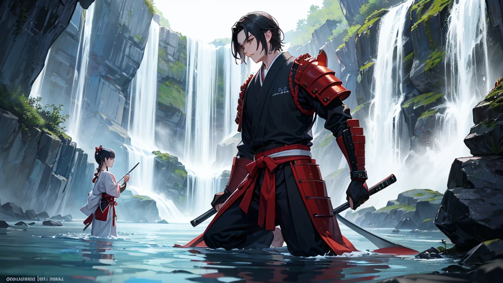 create a male samurai standing at the edge of water fall holding his katan and samurai armor kneeling for a female goddess who is falling in love with him