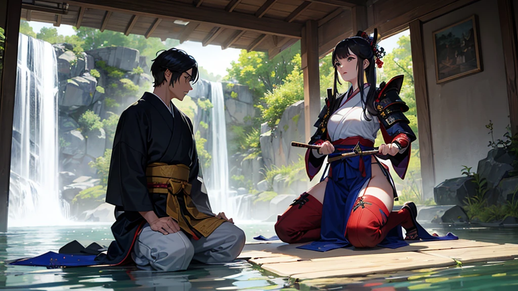 create a male samurai standing at the edge of water fall holding his katan and samurai armor kneeling for a female goddess who is falling in love with him