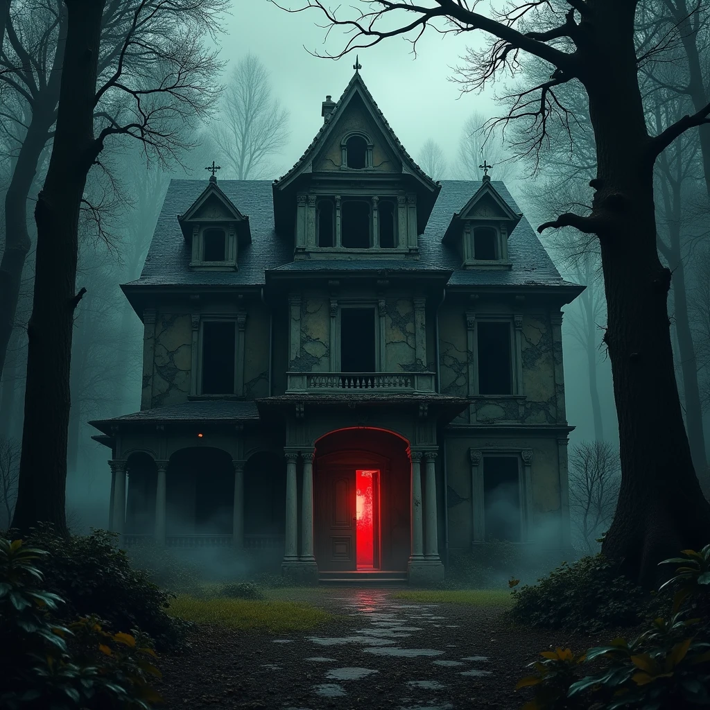 An old, crumbling mansion deep in the forest, with a broken roof, shattered windows, and vines creeping up the walls. A red glow emanates from the partially open door.