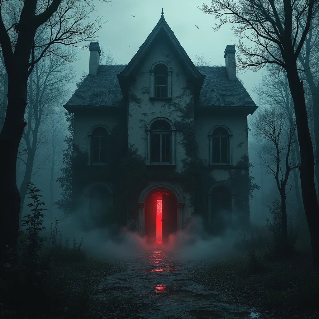 An old, crumbling mansion deep in the forest, with a broken roof, shattered windows, and vines creeping up the walls. A red glow emanates from the partially open door.