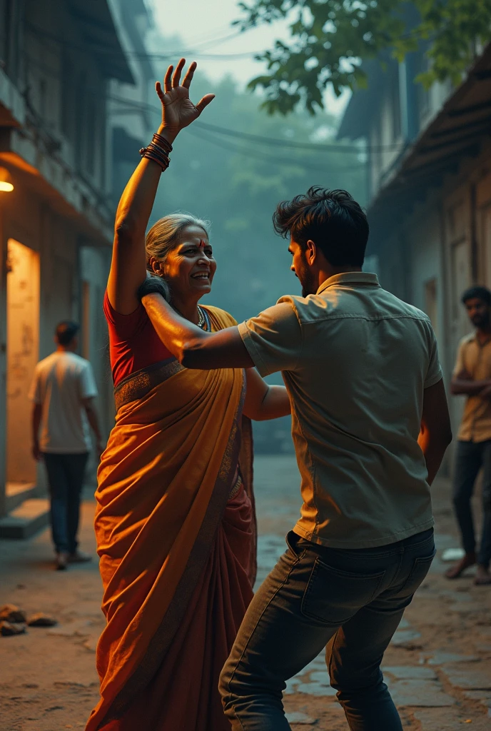 An intense evening scene in an Indian neighborhood. A 40 year old Indian woman, dressed in a traditional saree, is seen angrily beating a 25 year old man. Her face is filled with rage, and she is mid-action, her hand raised to strike. The young man, in casual clothes, looks distressed and is trying to protect himself from the blows. The surroundings include a typical Indian street or courtyard with dim lighting, long shadows, and a few bystanders in the distance who appear shocked by the incident. Image ratio 9:16