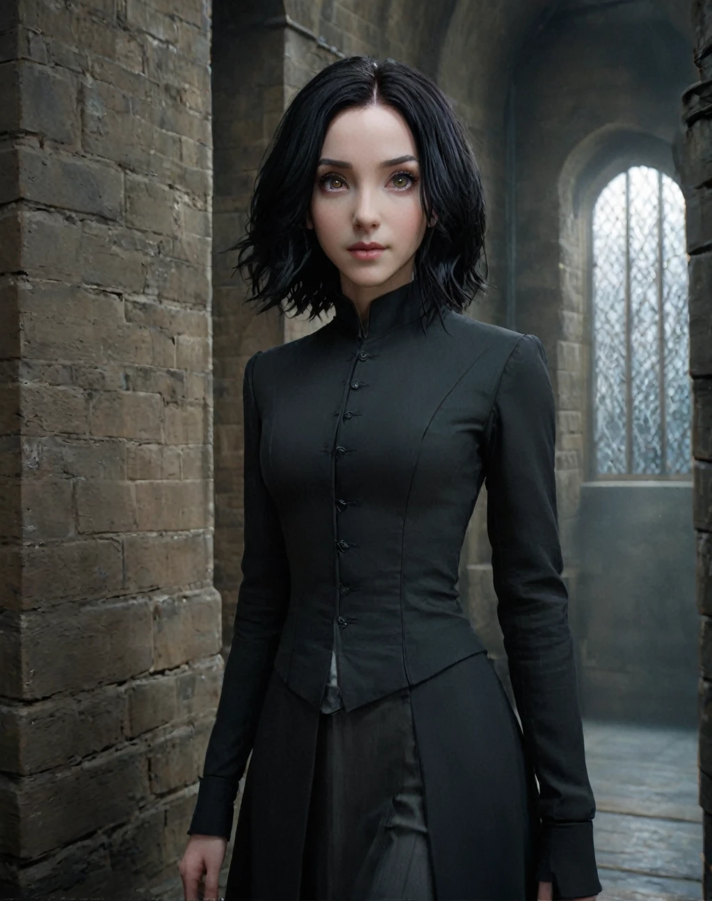 11 years old daughter of Severus Snape,girl, has Lily's large, expressive eyes, but with an intense, almost reptilian glow, similar to Orochimaru with a more exotic hue like yellow. dark and abundant hair, like Snape's, but with coppery highlights it has an unusual texture, how to be thicker, His skin is pale, like Snape's, but with a slightly olive tone, present a scaly texture. facial features: He would combine Snape's angular features with Lily's softness. has a sharp nose, thin lips and a defined jaw, but with a softer and kinder expression. The cheekbones could be high and prominent, and his eyebrows could have a slight upward curve, giving it an enigmatic appearance. body: He would likely have a slender and athletic build, with an upright posture and graceful movements.


