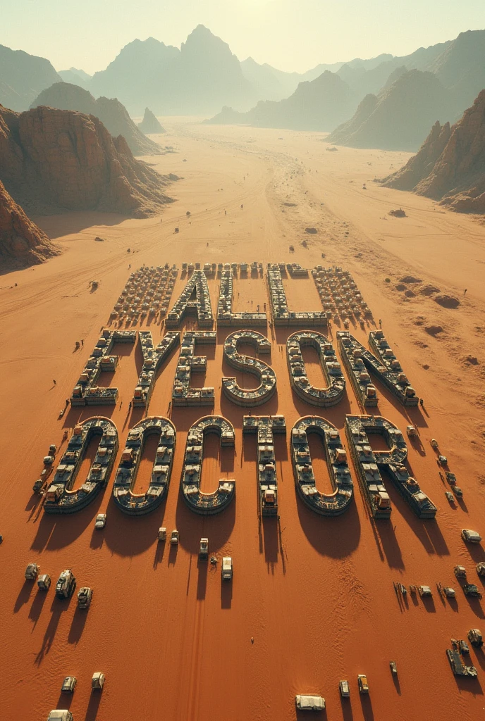 Create an aerial view of a vast desert landscape with mountains in the distance. The foreground is filled with countless vehicles and tents arranged in a grid pattern, forming large letters that spell out 'ALL EYES ON Doctor.' The scene should convey a sense of urgency and focus, with the letters made up of the vehicles and tents standing out prominently against the desert background."