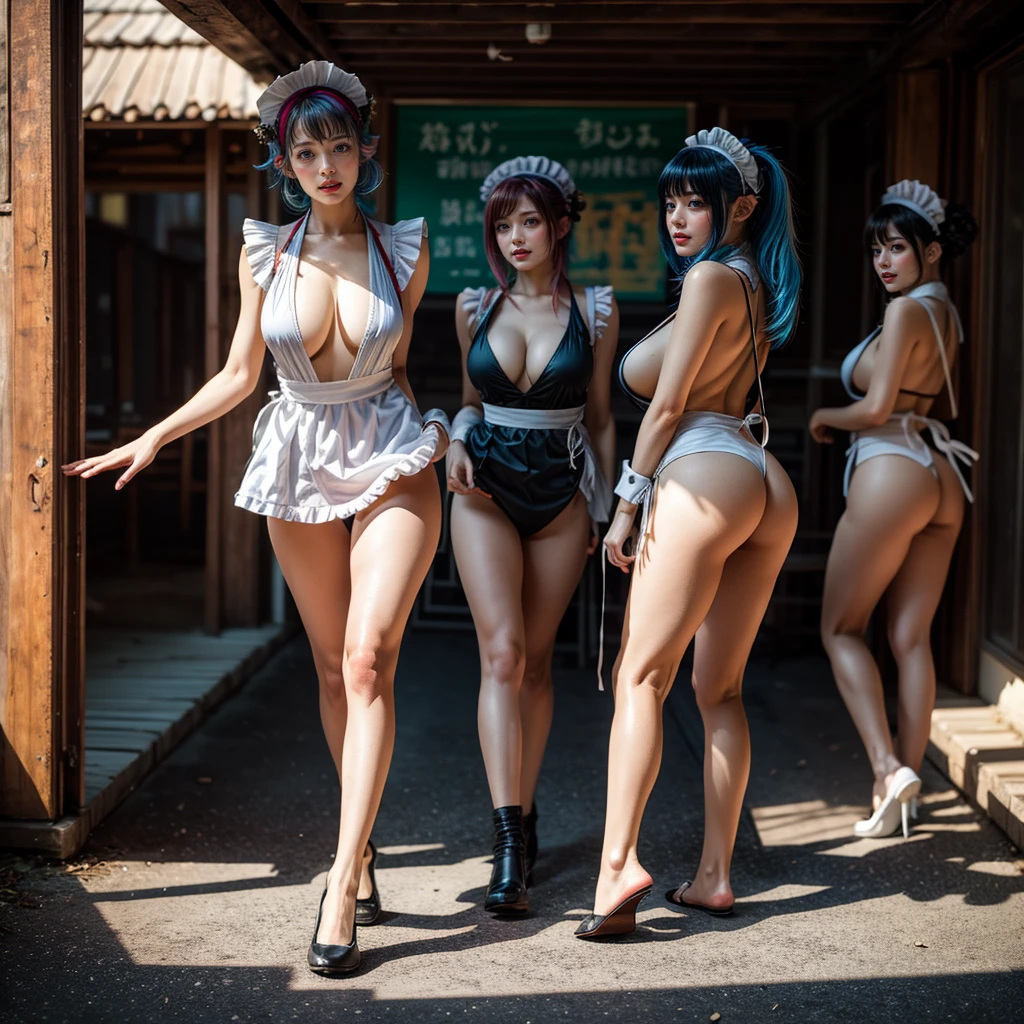 (Full Body of Extremely Detailed((Sexy Maid Group in a row:1.37))), KAWAII perfect face, Reflective Eyes, Detailed(Delicate Clothing textures), Correct Leg Line, Dynamic Joyful Expressions LifeLike Rendering, Specular Reflection, TopQuality 8K Ultra-detailed masterpiece (ProfessionalPhoto:1.37), (Acutance:0.8), (Luminism:1.28), (Renaissance art style), Colorful Light particles, ((Full body from side)), {Kissing|Thigh Gap|AssFocus|(NakedApron with Overflowing SideBoob)}, Radiant Fine Skin with Transparency, (Exposed:0.4), (Different types of Anime hair color){Pink Hair|Blue Hair|Platinum Blonde|Pure White Hair|Liquid Hair}, Perfect Lighting 