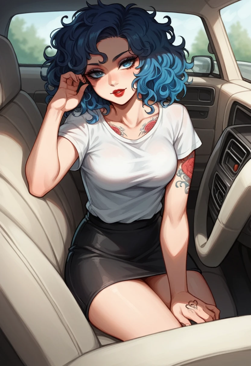 Anime style, 1women, driving a red open roof car, seductive expression, bright red lips, sexy tattoo on hand, neck, brunette, black and blue multi colored hair, short hair , wavy hair, messy hair, curly hair, black eye liner, blue eye shadows makeup, beautiful detailed blue eye, white t-shirts, black short flowy line skirt, sexy neckline, large neckline, 