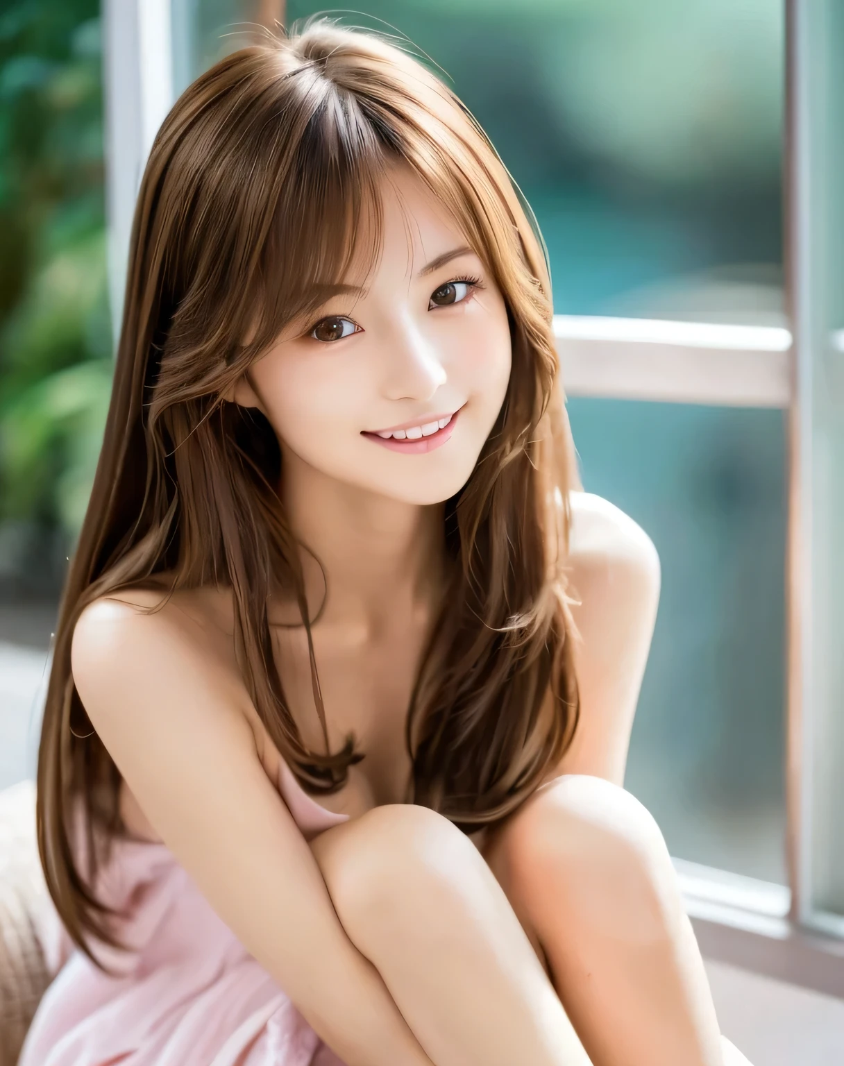Beautiful Japanese Woman Detailed hair in complex colors Brown Hair Long Hair Delicate and beautiful eyes Smooth and soft skin A kind smile Small breasts nude Standing on a beautiful beach Asahi Professional Photographer Professional Lighting