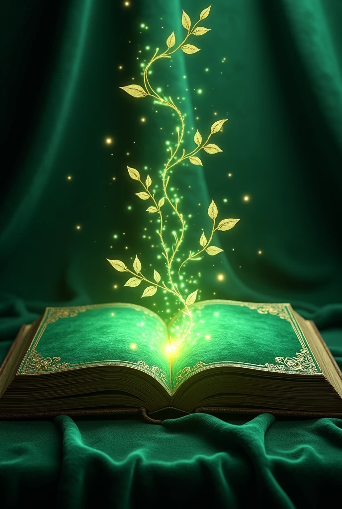 "Design an image of a luxurious emerald green book with a velvet cover, slightly open, revealing pages edged in gold. From the book's pages, glowing emerald green vines with delicate golden leaves are emerging and curling outward. The background should be a dark, rich texture, like velvet or leather, with a soft spotlight highlighting the book and the radiant vines. Subtle emerald green and gold sparkles should surround the book, giving it a magical, enchanted appearance."
