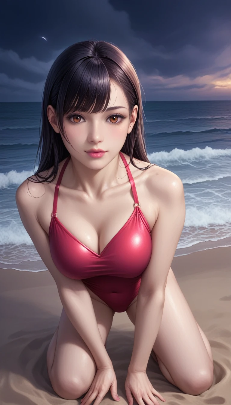score_9, score_8_superior, score_7_superior, High-resolution CG illustration,A masterpiece in 32K resolution,Highest quality,it is really amazing,Very detailed,Ultra-high resolution,Ultra-realistic,Realistic,Increased depth of field,Cinematic lighting,
Sexy mature Japan woman,
Long black hair with no bangs,Ultra-detailed and beautiful face,Calm and gentle look,Beautiful brown eyes,Translucent white skin,Realistic skin texture,Great proportions,
Elegant red swimsuit,
Simple design,Chic color scheme based on red,Detailed fabric texture,
(Dark overcast sky on a dull night:1.1),(Dark clouds filling the sky:1.1),Thundercloud,Coastline at night,Stormy seas,delay々A desolate sandy beach that continues,
Kneeling on the sand,High angle,