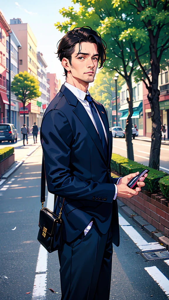 Masterpiece, Top Quality, Super Detail, 1 Man in his 40s, Male Focus, Handsome, Residential Area, Fence, Spindle Tree, Afternoon Sun, After School, Suit, Hand-held Bag, Flock of Birds, Right From the Side, Depth of Field