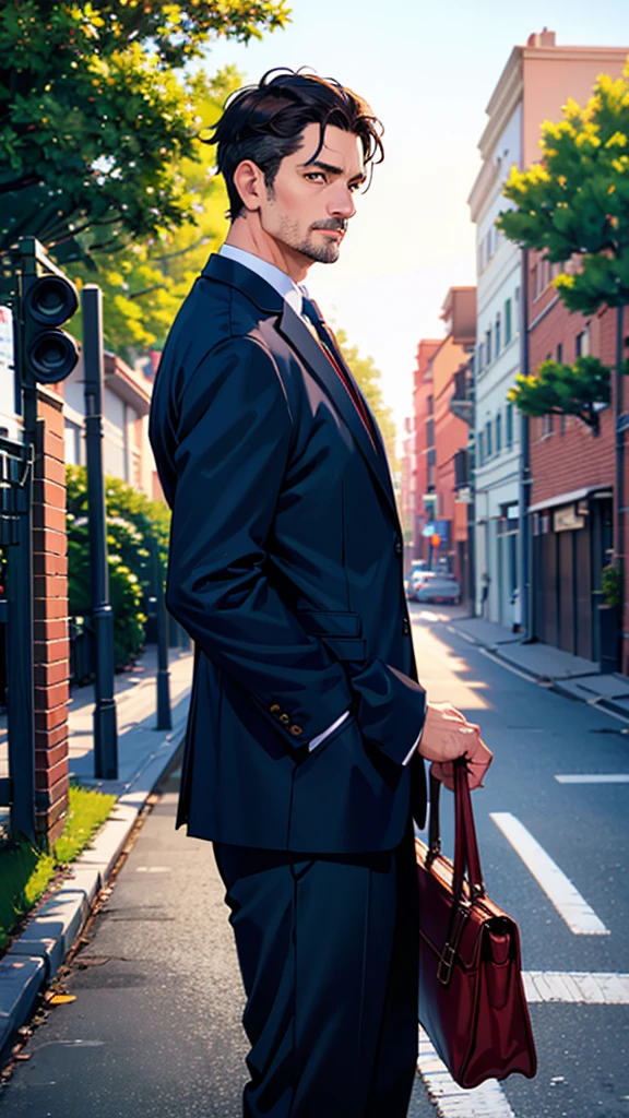 Masterpiece, Top Quality, Super Detail, 1 Man in his 40s, Male Focus, Handsome, Residential Area, Fence, Spindle Tree, Afternoon Sun, After School, Suit, Hand-held Bag, Flock of Birds, Right From the Side, Depth of Field