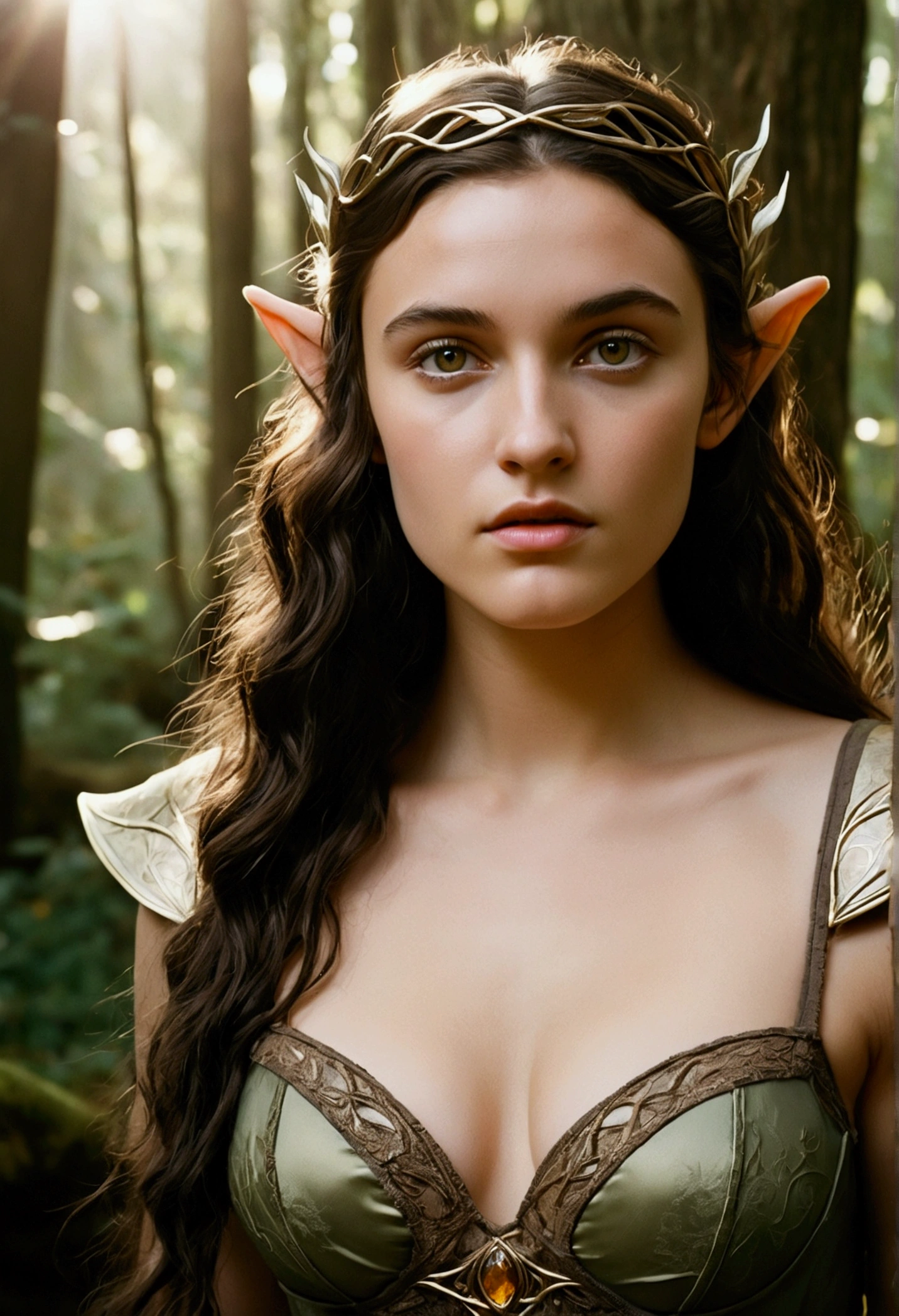 analog film photo, photo of a young elven girl, 18 years old, elf ears, amber eyes, dark hair, long messy waves, sun-tanned complexion, olive skintone, Amazonian stature, voluptuous hourglass figure, busty bosom, narrow waist, full hips, big plump buttocks, wearing elven lingerie, resembles Katie McGrath, strolling through a fantasy landscape, RAW Photograph, dslr, soft lighting, high quality, film grain, Fujifilm XT3, detailed skin with visible pores, insane details, masterpiece, 8k, 35mm photograph, dslr, kodachrome, faded film, desaturated, grainy, vintage, Lomography, stained, highly detailed, found footage, close-up shot, elven ears
