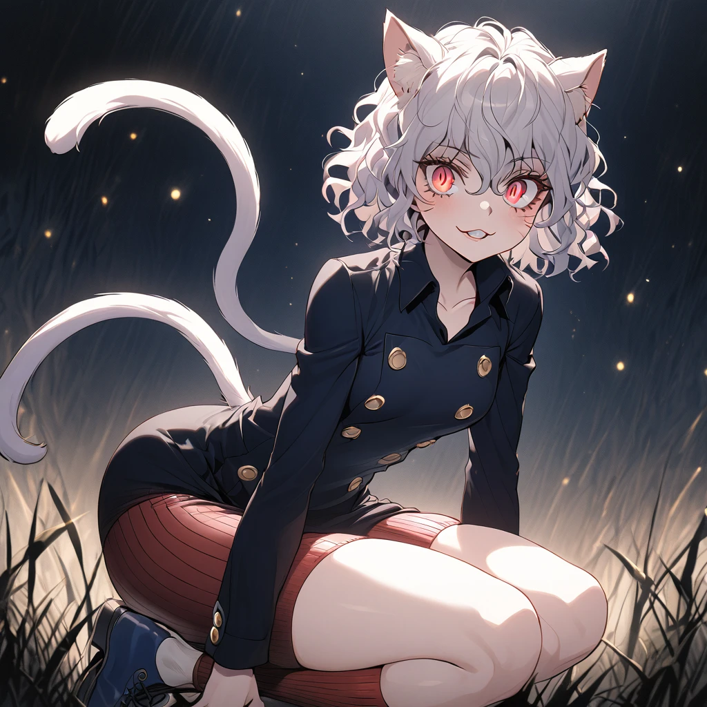 1girl, neferpitou, short hair, red eyes, animal ears, tail, white hair, cat ears, cat tail, curly hair, long sleeves, shorts, model's expressiion, silver hair, short and curly hair, cat ears, red eyes, large pupils, double eyelids, slender eyebrows, long eyelashes, small nose, small mouth, sharp jawline, blue military-style coat, six gold buttons, short red striped skirt, high collar, long sleeves, slender wrists, flexible fingers, white skin, cat-like claws, red striped knee-high socks, blue shoes, sturdy soles, slender ankles, small feet, long legs, muscular thighs, thin waist, wide shoulders, cat-like gaze, long neck, straight shoulder line, straight back, muscular arms, long fingers, firm upper arms, soft hands, small palms, cat-like smile, serious furrowed brows, pointed ears, pink inside of ears, thin eyelids, upward curled eyelashes, vertical slit pupils, cat whisker-like cheek markings, many lower eyelashes, small nostrils, thin lips, pointed chin, protruding collarbones, straight posture, high hips, muscular thighs, pointed knees, well-fitted socks, neatly tied shoelaces, soft cat ears, rounded ear tips, soft fluffy hair, thin eyebrows, light pink lips, white teeth, well-shaped lips, smooth skin, sensitive ears, reflective pupils, heavy eyelids, slightly curved cat ears, well-fitted coat, wide skirt hem, shining buttons, slightly old shoes, hair waving in wind, sparkling pupils, moving cat ears, nighttime forest background, moonlight, starry night sky, G-cup chest, cocky cat-like expression, thick glossy thighs and hips, detailed texture of hair and clothing, light and shadow contrast, background details including swaying grass and old building, specific lighting conditions with moonlight casting shadows, detailed coloration of outfit with deep blue and red stripes, intricate design of buttons, and emotional depth in expressions showing defiance, joy, and determination.