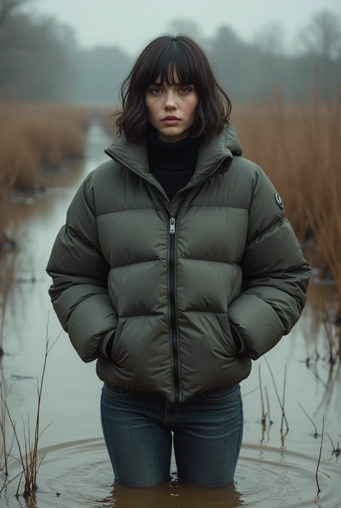 woman, lightweight tight down jacket,collar only, cold weather:1.0, dark washed old jeans,sinking in muddy bog, photoshoot posing, sexy despair, bob-cut,