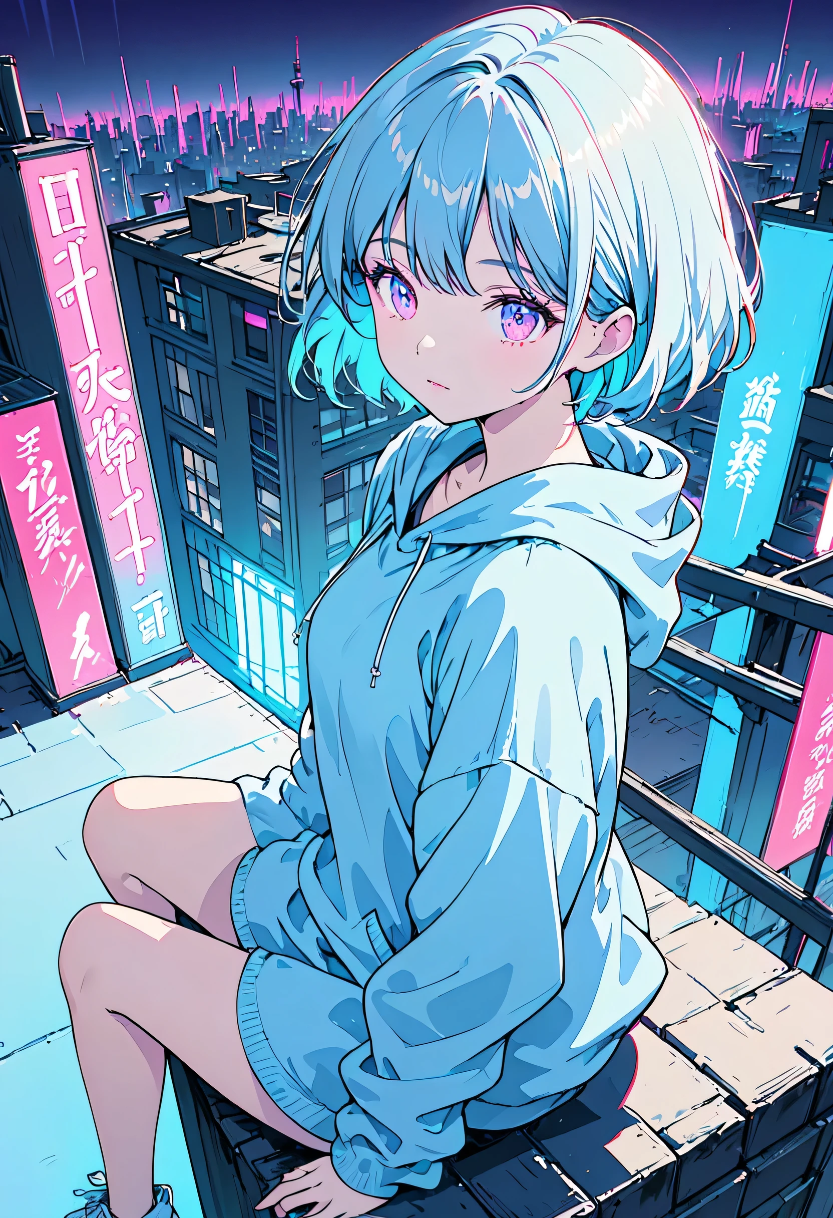 masterpiece,Highest quality,1 Synthwave style girl,Blue outline,Neon lit street,Blue fluorescent paint,alone,From above,Cowboy Shot,Sitting on the roof of a building,Highly detailed CG,Flat Color,Limited edition palette,No Line Art,silhouette,Partially colored,Alternative color,Dynamic Angle,Blue long top champagne,Purple Shadow,Synthwave,chromatic aberration,(alone focus),Perfect Shadow,Wearing a light blue hoodie,Delicate face,,Beautiful and delicate eyes,Light blue hair,Short Bob Hair,Delicate background,Blue Neon Light,Around 15 years old,About 150 tall