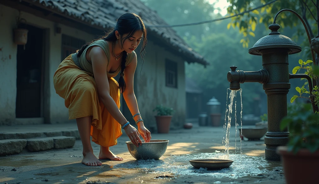 Vishaka in the Courtyard:** A young woman named Vishaka is in a simple rural courtyard. She is washing utensils, her hands submerged in soapy water. The courtyard is modest, with a few potted plants, a hand pump, and a rustic charm. Moonlight gently highlights her figure, giving the scene a tranquil and serene atmosphere.