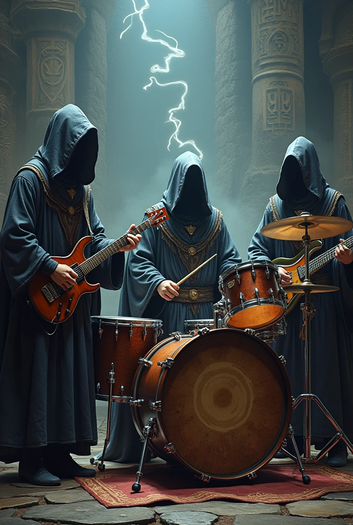 Three medieval wizards playing in a rock band (One plays the drums)