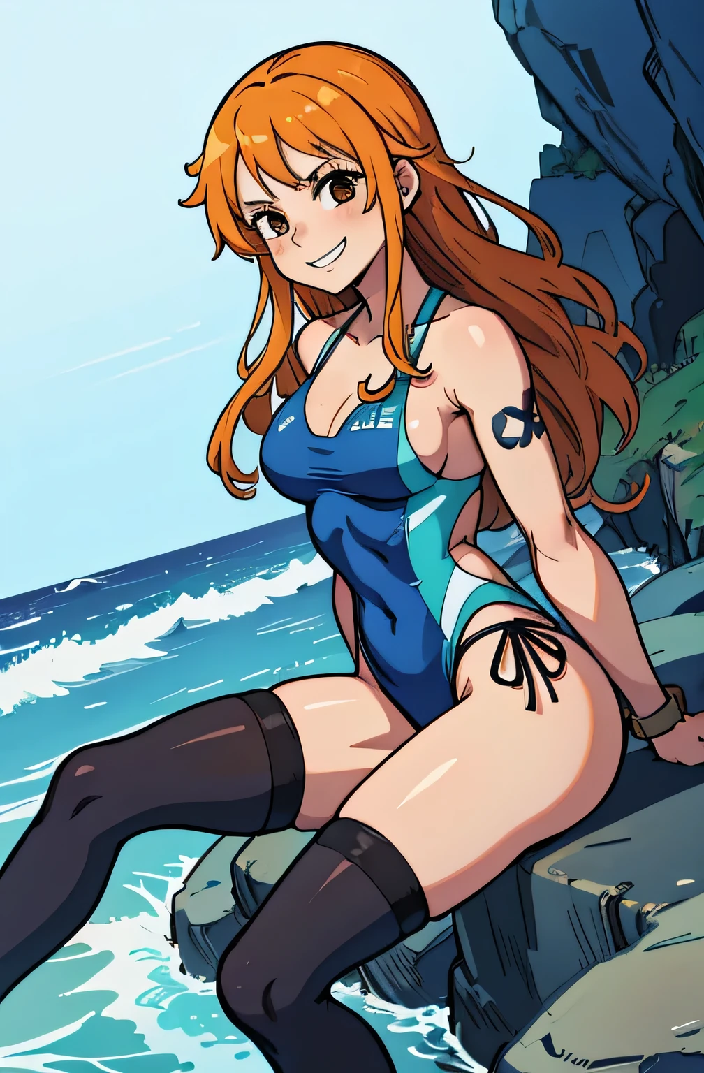 nami, masterpiece, best quality, highres, 1girl, blue swimsuit, high socks, black socks, thigh highs, smug grin