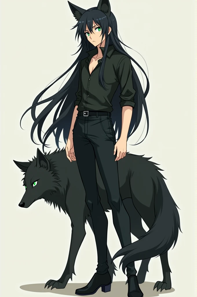 A tall anime man with black hair that's a bit long, Light green eyes, wolf ears and wolf tail, white and beardless.
