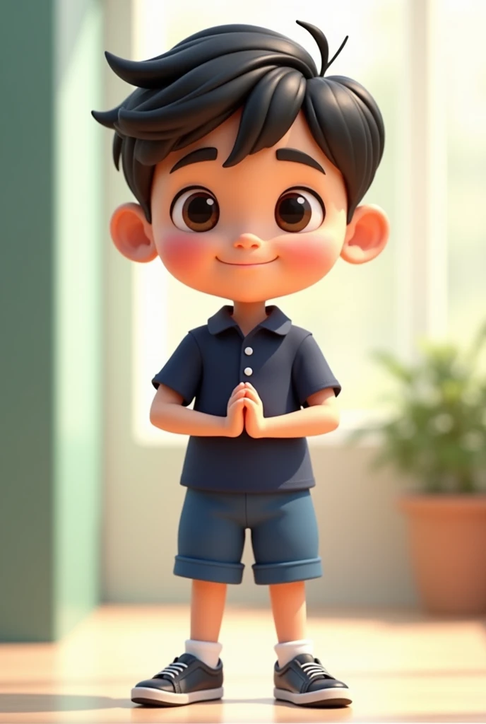 A cartoon boy wearing a dark blue short-sleeved school uniform and short blue pants is bowing, 3D, facing forward.