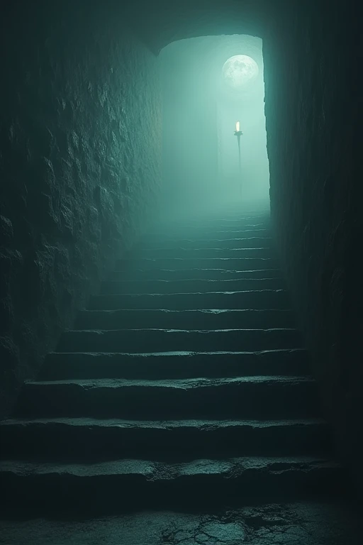 stairs leading to basement　candle　Creepy　A little fog　