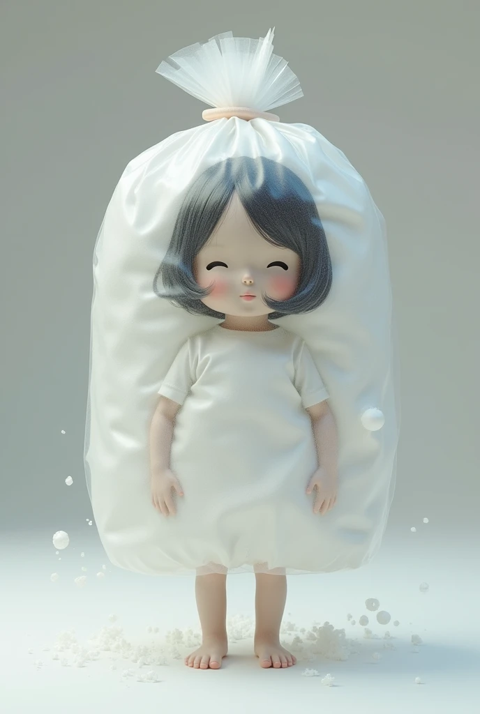A small, easy-to-close, transparent bag with white powder inside. The bag has a face, arms, and legs, and has medium-length hair styled to the side.