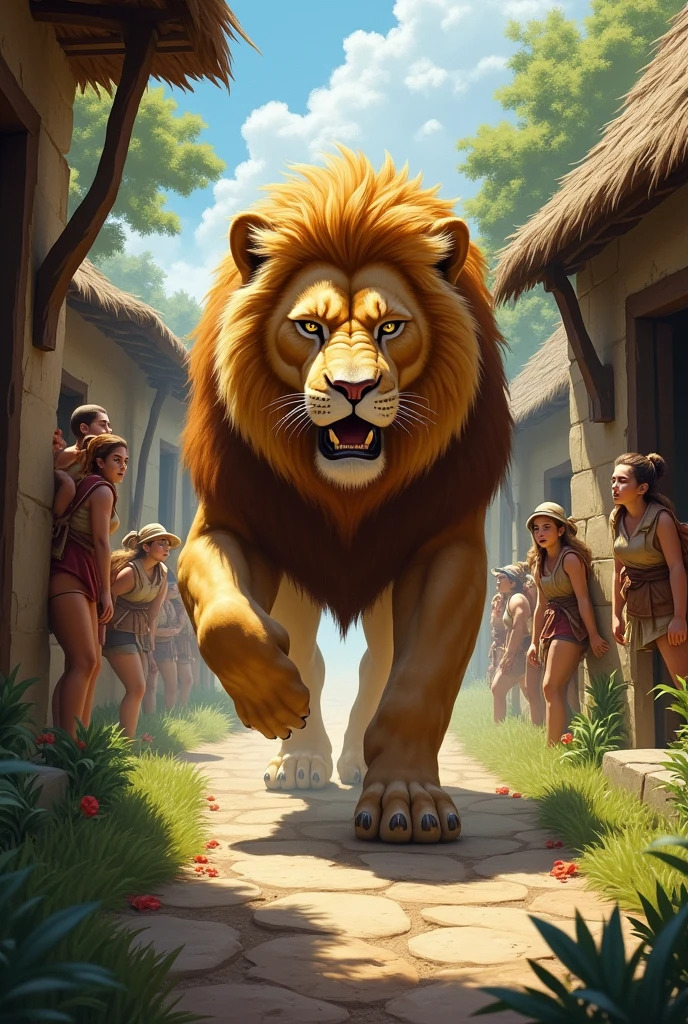 A lion angryly entered the village and all the people were watching the lion secretly.