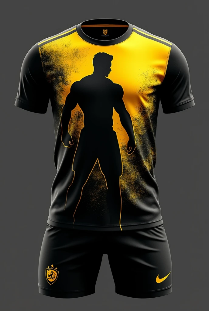 For a black soccer jersey with a design of a vectorized muscular man silhouette in yellow and black tones, You could consider the following:

shirt:

Color Base: negro.
design: A design with a muscular male silhouette in yellow and black tones, perhaps with a graphic style
Shorts:

Color Base: negro.
Details: They could have small accents in yellow to complement the design of the shirt.
socks: