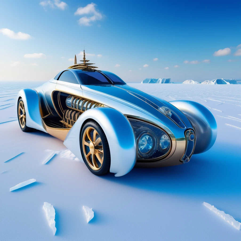 1futuristic steampunk sports car Glacialis， a mesmerizing car that embodies the elegance and ethereal beauty of ice，art_booster，real_booster，H effect，steampunk style,