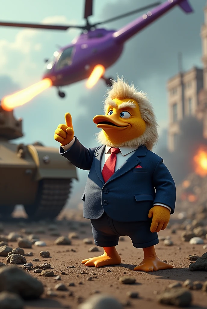 Purple helicopter shooting machine gun at broken tank, battlefield background, dead soldiers on the floor, mafia duck with soft fur skin wearing a suit and pants with hairstyle of donald trump standing on ground pointing finger forward
