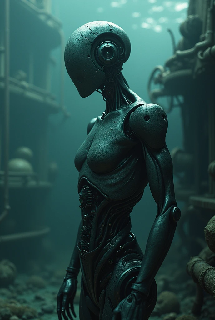 a dark deep sea,humaniod, male, handsome humaniod android, creepy android,android with exposed gears, skin melting off android, submechanophobia, creepy atmosphere, cinematic lighting, hyper realistic, photorealistic, 8k, masterpiece, mechanical parts, glossy metallic surfaces, underwater scene, gloomy mood, eerie ambience, dramatic shadows, advanced technology, futuristic design, decaying machinery, unsettling atmosphere, intricate details