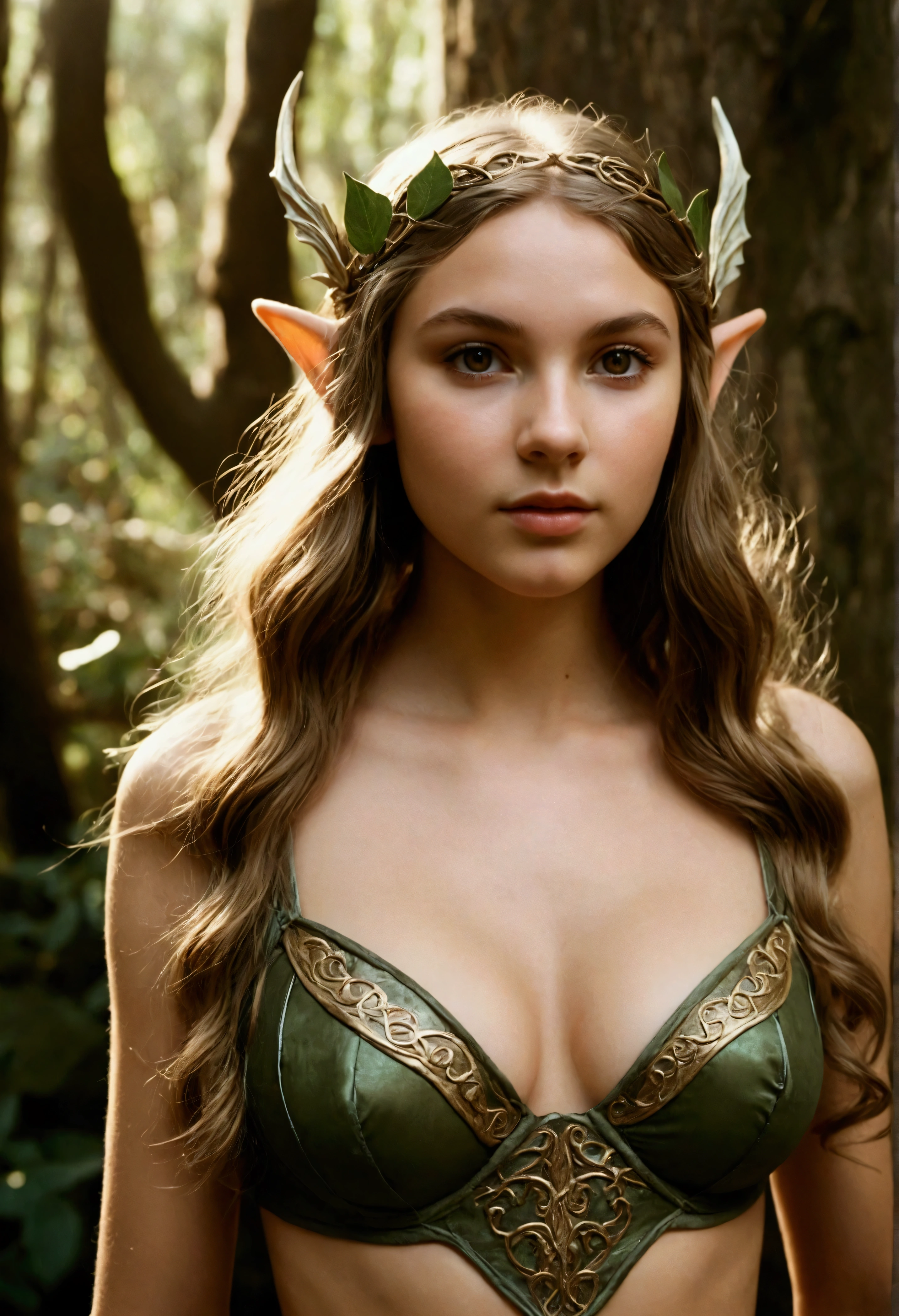 analog film photo, photo of a young elven girl, 18 years old, elf ears, honey eyes, dark hair, long messy waves, sun-tanned complexion, olive skintone, Amazonian stature, voluptuous hourglass figure, busty bosom, narrow waist, full hips, big plump buttocks, wearing elven lingerie, resembles Taylorr Swift, strolling through a fantasy landscape, RAW Photograph, dslr, soft lighting, high quality, film grain, Fujifilm XT3, detailed skin with visible pores, insane details, masterpiece, 8k, 35mm photograph, dslr, kodachrome, faded film, desaturated, grainy, vintage, Lomography, stained, highly detailed, found footage, close-up shot, elven ears
