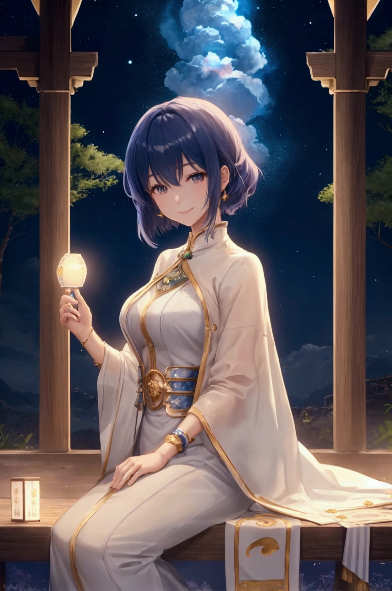 A refreshing woman、Shortcuts、smile、masterpiece, Highest quality, Movie stills, bright, Anime Style, Happy, shine、Age 23、happiness、null、cloud、星null、Warm and soft lighting, Fortune teller&#39;s attire, mysterious、