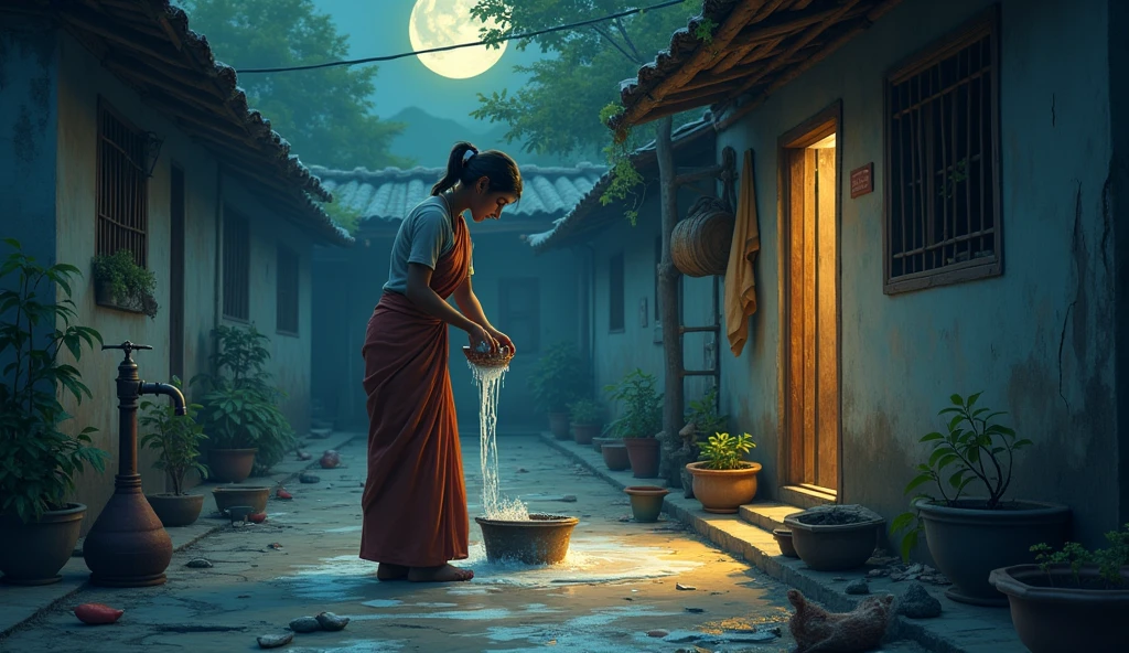 Vishaka in the Courtyard:** A young woman named Vishaka is in a simple rural courtyard. She is washing utensils, her hands submerged in soapy water. The courtyard is modest, with a few potted plants, a hand pump, and a rustic charm. Moonlight gently highlights her figure, giving the scene a tranquil and serene atmosphere.