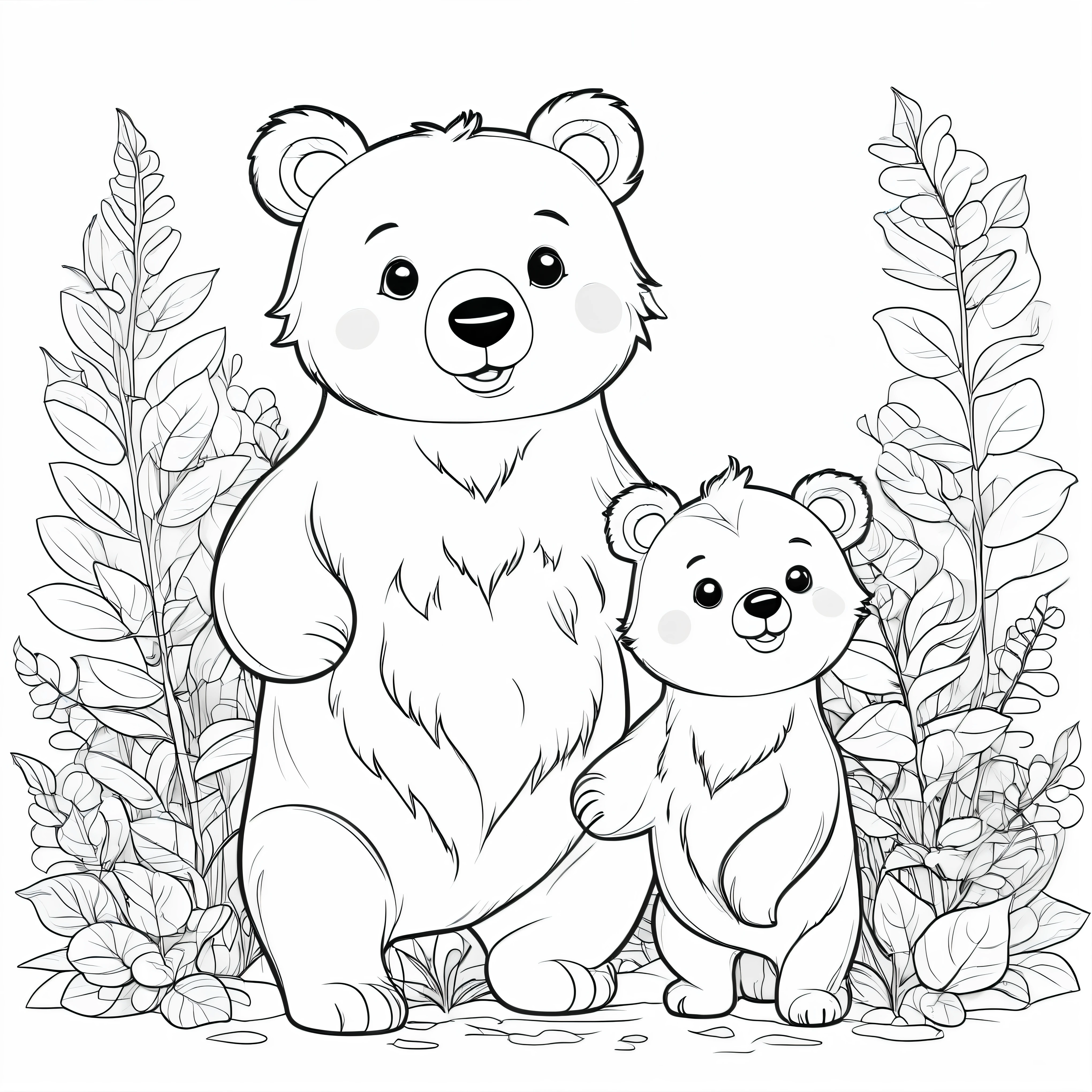 Cute and adorable Bear and its Cub, coloring page for kids, happy, smiling, surrounded by plants, vector art, minimalistic, vector 2d, black lines white background, coloring page for beginners, vector illustration, pencil strokes, no color, drawing for coloring, white background, pixar style, black and white
